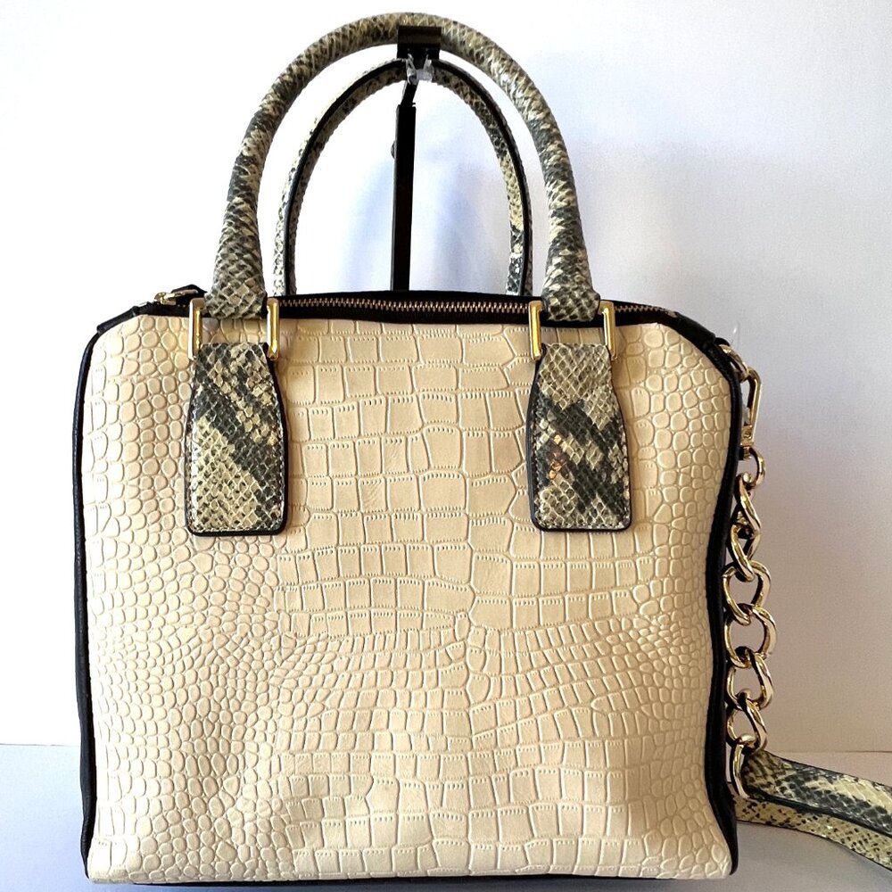 New Marc Fisher Shoulder Bag, Leather, "Kyra" Cream and Black, Snakeskin Print - Picture 2 of 14